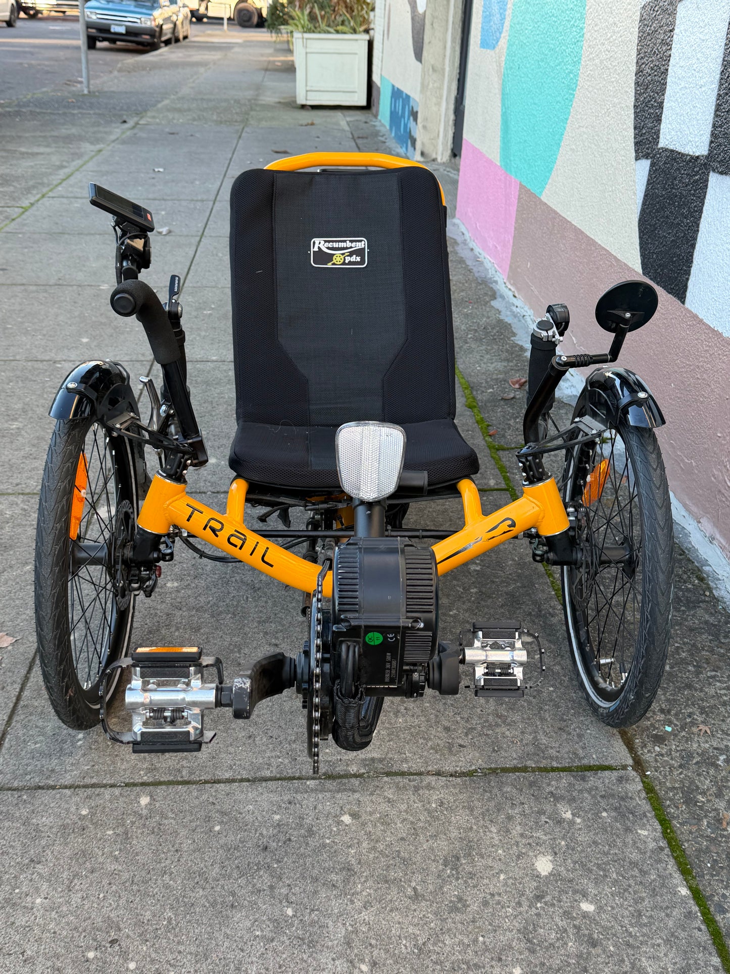 Catrike e-trail recumbent trike, folding with bafang mid drive motor. Custom refurbished.