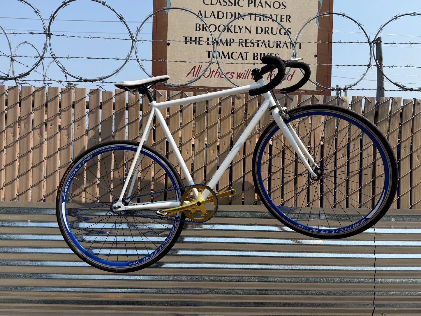 Pake fixed gear road bike 58cm white blue gold custom refurbished