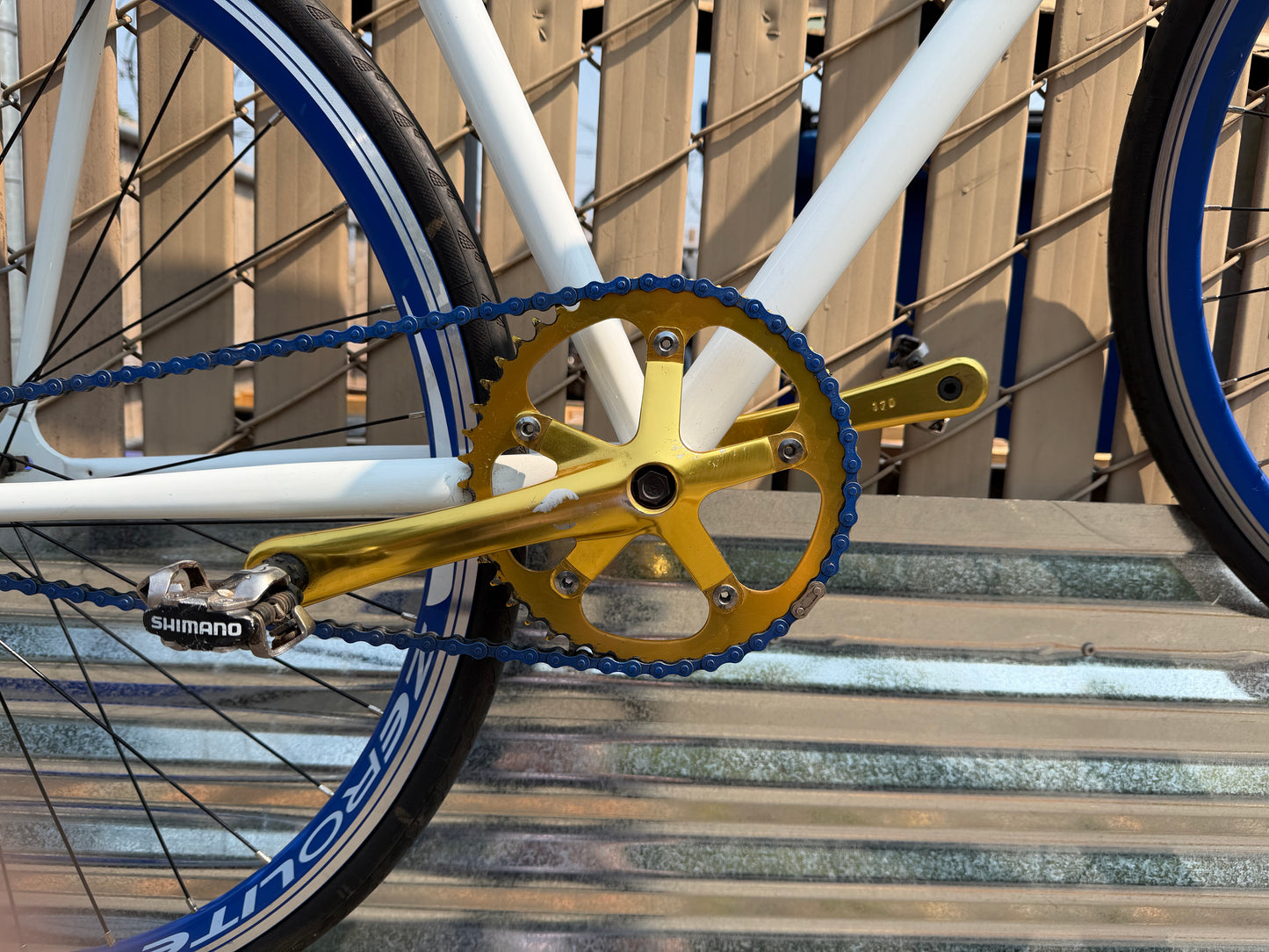 Pake fixed gear road bike 58cm white blue gold custom refurbished