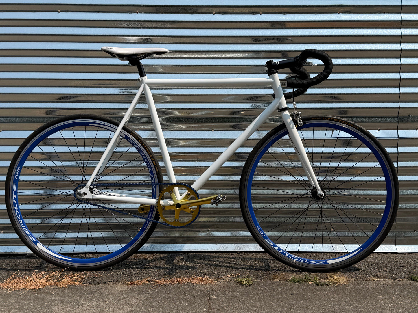 Pake fixed gear road bike 58cm white blue gold custom refurbished