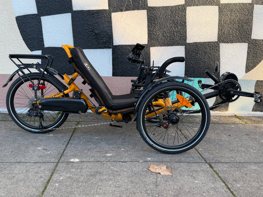 Catrike e-trail recumbent trike, folding with bafang mid drive motor. Custom refurbished.